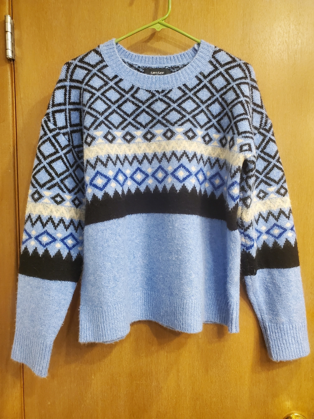 Karen Kane Powder Blue Crewneck Fair Isle Sweater with Black & White Accents